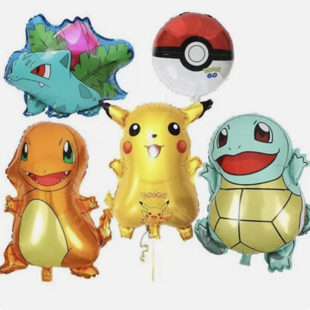 5 Pcs. Large Foil Pokemon Balloons Set  Birthday Party Plus 12 Drawstring Bags