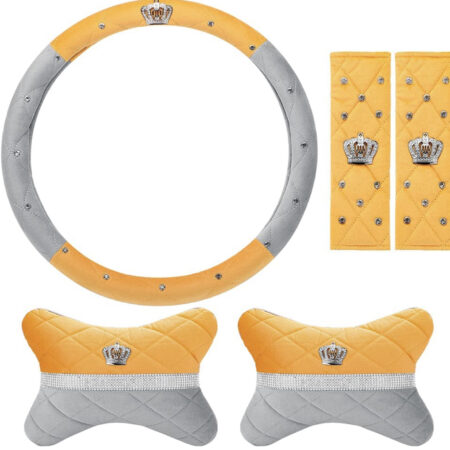 5pcs/ Car Accessories Velvet Steering Wheel Cover Seat Belt Pad Headrest Cushion